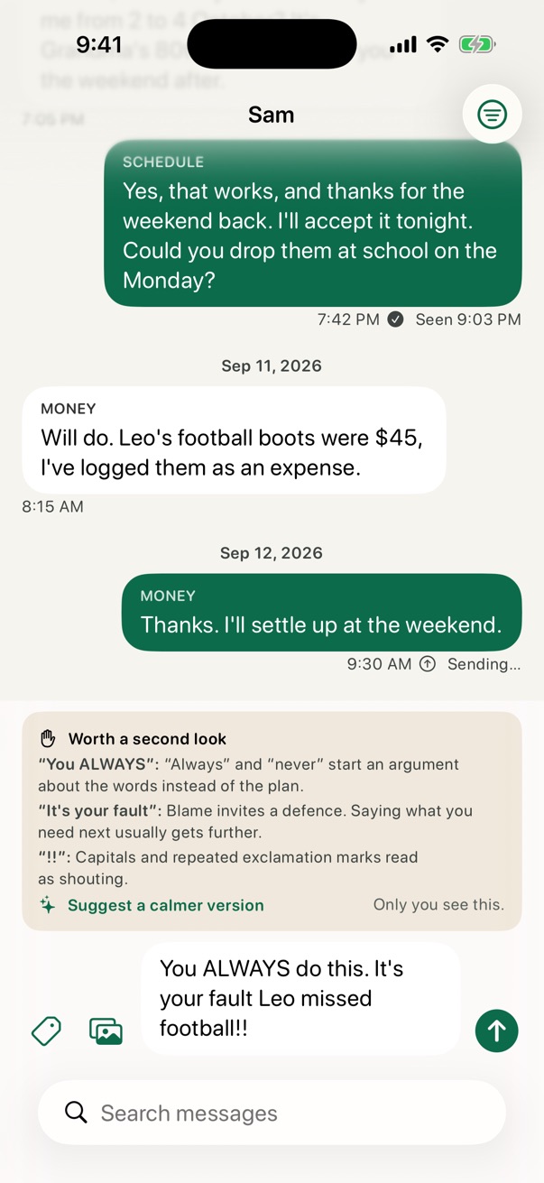 A message conversation with a tone suggestion before sending.