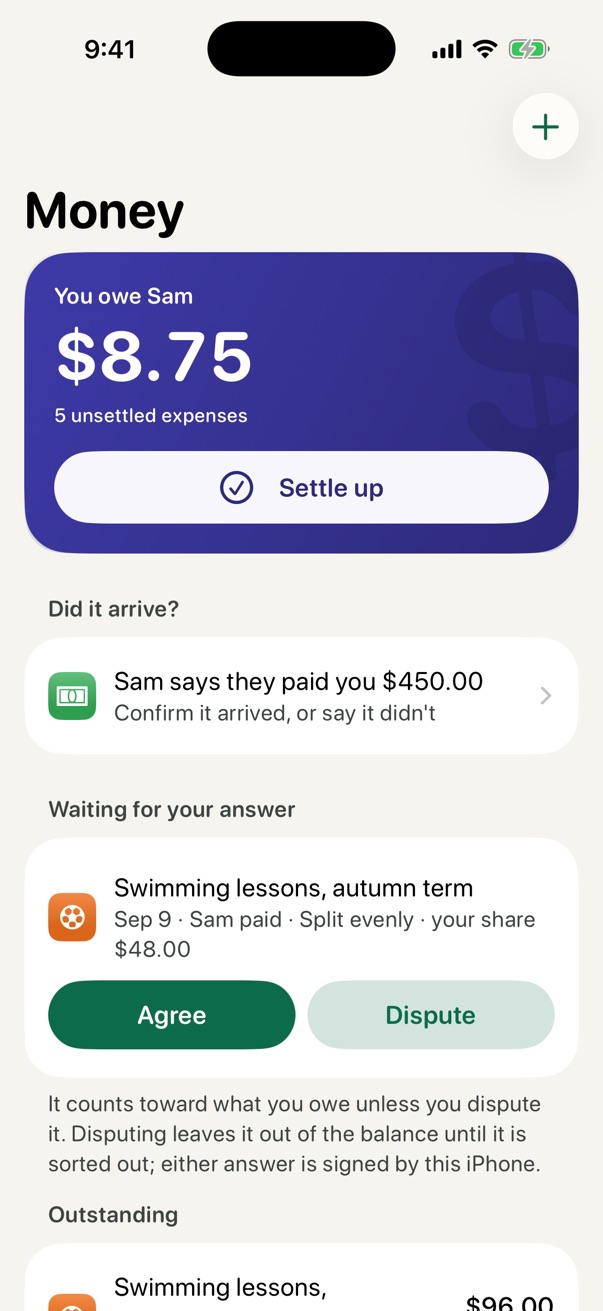 Shared expenses: who owes whom, and expenses waiting for an answer.