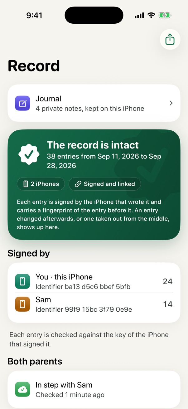 The Record screen: the record is intact, 38 entries signed by two iPhones and linked, with each iPhone's identifier.